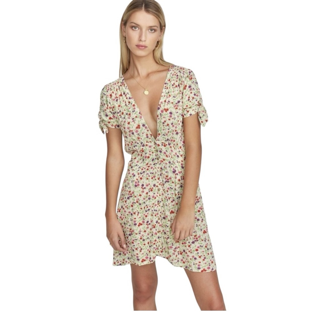 Faithfull the Brand Cream Floral Mini Dress with Red & Green Accents